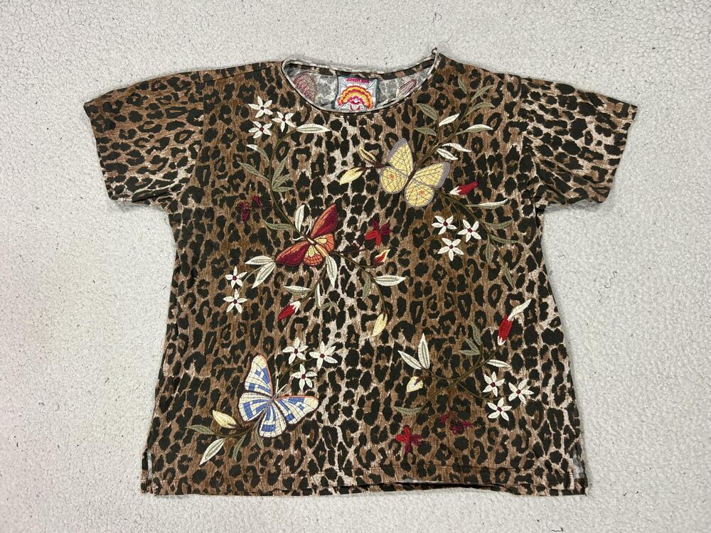 Johnny Was Shirt Womens Medium Brown Leopard Cheetah Butterfly Embroidered Boho